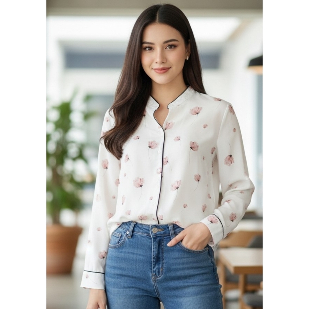 Mast & Harbour Floral Button Down Top White Size L